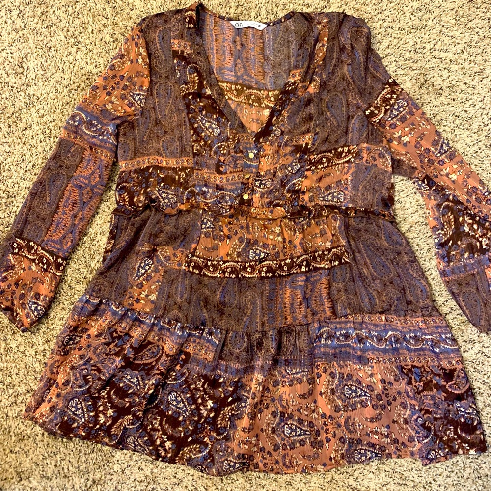 NWOT ZARA Mini Boho Dress/Tunic Paisley Shimmer Brown/Blue SZ Large